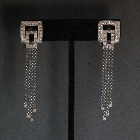 14k WHITE GOLD DIAMOND LONG DANGLE DROP TASSEL EARRINGS - Picture 6 of 13